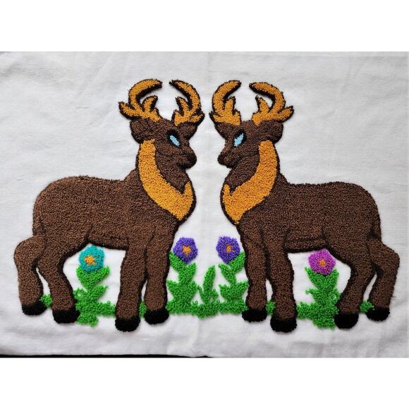 PILLOW COVERS-Crewel Stitch-Handmade-Reindeer-White Background16"x26"-Set of 2 - Picture 2 of 13